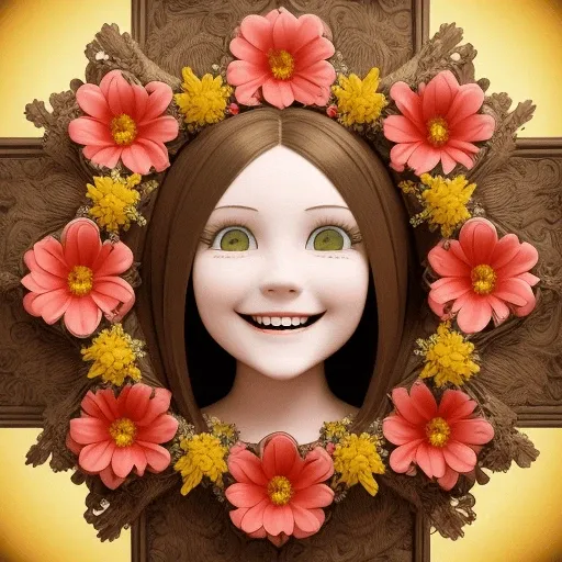 prompt: 
{
        "0": " Masterpiece, Portrait of a teenage girl with brown hair and a bright smile, surrounded by a floral frame, symmetrical, 3D, depth of field, H. R. Giger style. --neg Portrait of a young woman looking sad",
        "45": " Masterpiece, Portrait of a woman in her twenties with brown hair, with slightly elongated canines and faintly darkened eyes, smiling, surrounded by a floral frame, symmetrical, 3D, depth of field, H. R. Giger style. --neg sad",
        "90": " Masterpiece, Portrait of a woman (in her thirties:1.3) with brown hair, her eyes now glowing with a faint red hue, and small horns beginning to grow on her forehead, surrounded by a floral frame, symmetrical, 3D, depth of field, H. R. Giger style. --neg smile",
        "135": " Masterpiece, Portrait of a woman (in her forties:1.3) with brown hair, her small horns becoming more pronounced and her skin starting to develop a rough texture, glowing red eyes, surrounded by a floral frame, symmetrical, 3D, depth of field, H. R. Giger style.",
        "180": " Masterpiece, Portrait of a woman (in her fifties:1.3) with brown hair, her now fully developed horns twisting slightly, her skin rougher, glowing red eyes, surrounded by a floral frame, symmetrical, 3D, depth of field, H. R. Giger style.",
        "225": " Masterpiece, Portrait of a woman (in her sixties:1.3) with brown hair, her face now adorned with intricate, demonic markings, and her ears becoming pointed, glowing red eyes, surrounded by a floral frame, symmetrical, 3D, depth of field, H. R. Giger style.",
        "270": " Masterpiece, Portrait of a woman (in her seventies:1.3), retired, with brown hair, her eyes now glowing intensely, and her face bearing the countenance of a demon, glowing red eyes, small smile, surrounded by a floral frame, symmetrical, 3D, depth of field, H. R. Giger style.",
        "315": " Masterpiece, Portrait of a woman (in her eighties:1.3) and old age, fully transformed into a demonic creature with pronounced features, such as sharp teeth, twisted horns, and glowing red eyes, a bright smile, surrounded by a floral frame, symmetrical, 3D, depth of field, H. R. Giger style."
}
motion:
"angle": 0:(0)
"zoom": 0:(1.00)
"translation_x": 0:(0)
"translation_y": 0:(0)
"transform_center_x": 0:(0.5)
"transform_center_y": 0:(0.5)