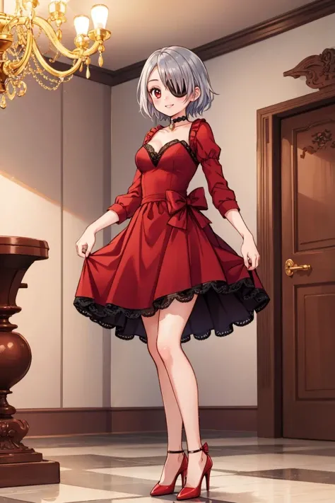masterpiece, best quality, 1girl <lora:ff8fujin-nvwls-v1-000010:0.9> ff8fujin, silver hair, eyepatch, red dress, ballgown, frills, choker, medium breasts, high heels, standing, mansion, chandelier, smile