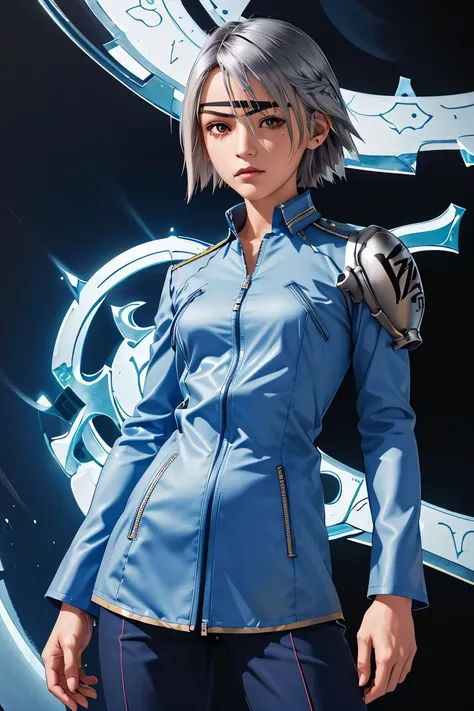 (masterpiece, best quality), 1girl, <lora:ff8fujin-nvwls-v1:1> ff8fujin, silver hair || eyepatch, blue jacket, single shoulder pad, long sleeves, blue pants