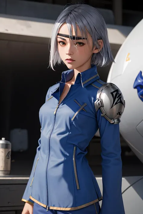 (masterpiece, best quality), 1girl,  <lora:ff8fujin-nvwls-v1:1> ff8fujin, silver hair || eyepatch, blue jacket, single shoulder pad, long sleeves, blue pants