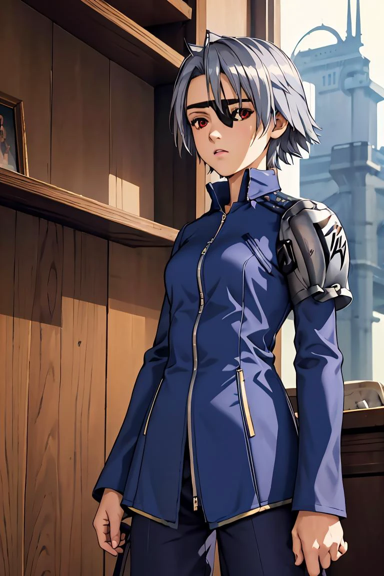 (masterpiece, best quality), 1girl, <lora:ff8fujin-nvwls-v1:1> ff8fujin, silver hair || eyepatch, blue jacket, single shoulder pad, long sleeves, blue pants