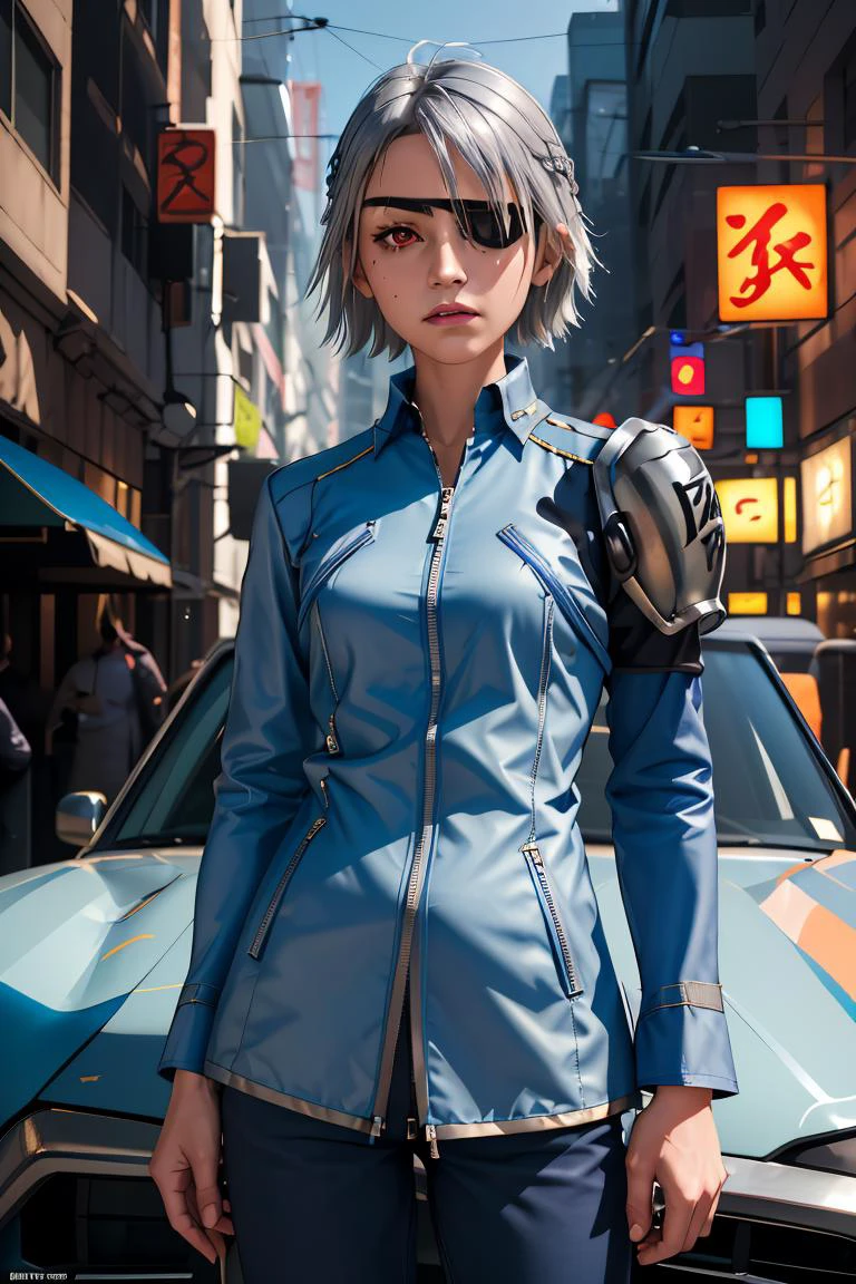 (masterpiece, best quality), 1girl, <lora:ff8fujin-nvwls-v1:1> ff8fujin, silver hair || eyepatch, blue jacket, single shoulder pad, long sleeves, blue pants