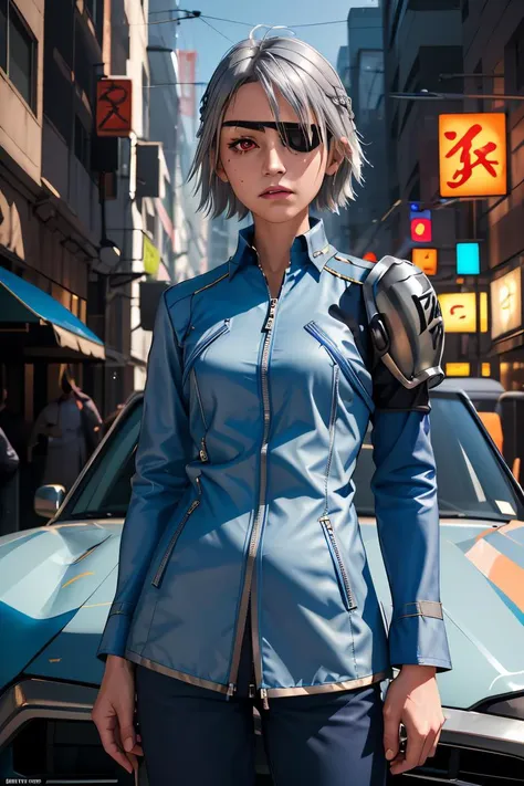 (masterpiece, best quality), 1girl,  <lora:ff8fujin-nvwls-v1:1> ff8fujin, silver hair || eyepatch, blue jacket, single shoulder pad, long sleeves, blue pants