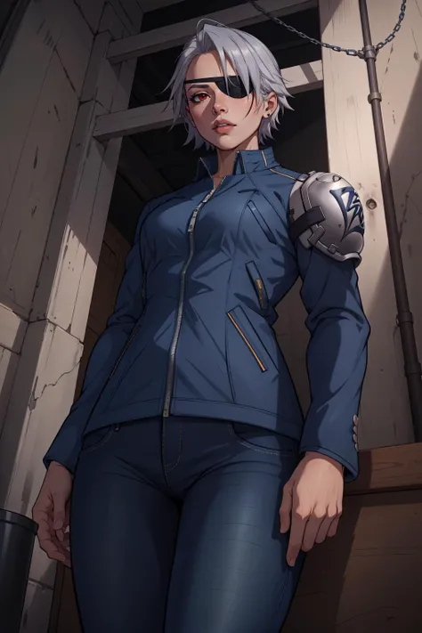 (masterpiece, best quality, absurdres, 4k, aesthetic, detailed, intricate),cinematic angle,1girl,ff8fujin, silver hair,eyepatch, blue jacket, single shoulder pad, long sleeves, blue pants <lora:ff8fujin-nvwls-v1:0.8>