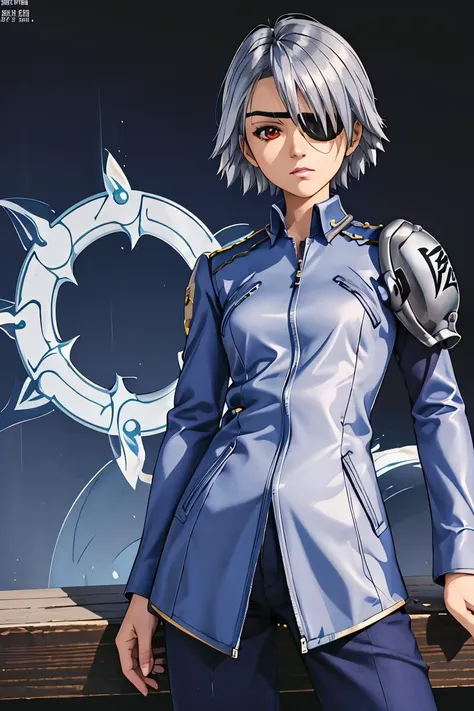 (masterpiece, best quality), 1girl,  <lora:ff8fujin-nvwls-v1:1> ff8fujin, silver hair || eyepatch, blue jacket, single shoulder pad, long sleeves, blue pants