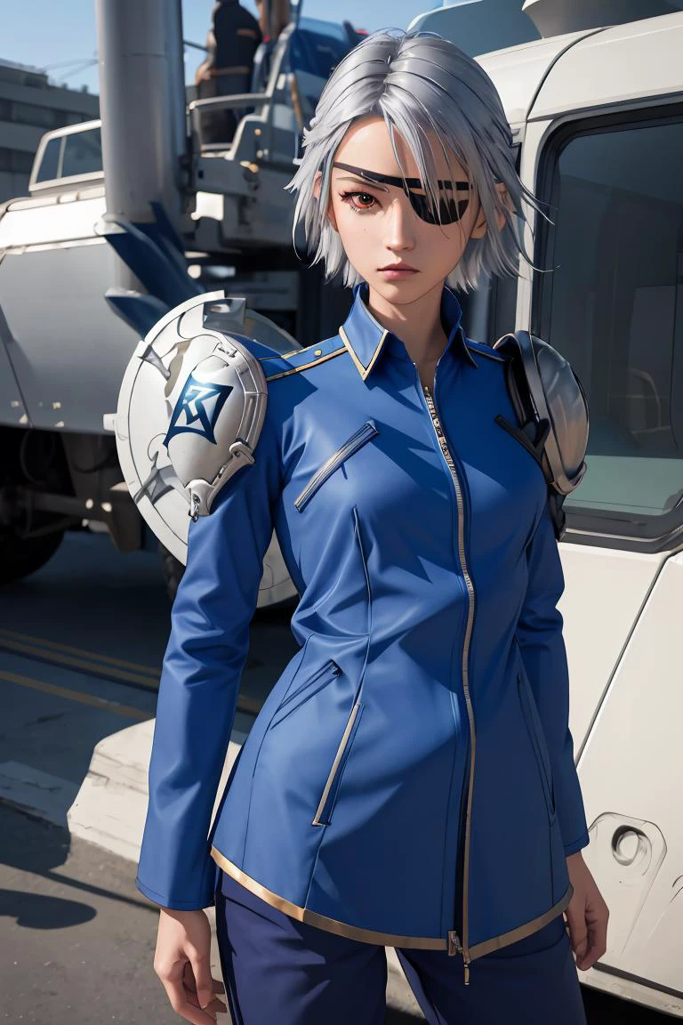(masterpiece, best quality), 1girl, <lora:ff8fujin-nvwls-v1:1> ff8fujin, silver hair || eyepatch, blue jacket, single shoulder pad, long sleeves, blue pants