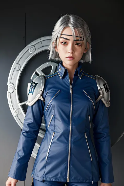 (masterpiece, best quality), 1girl,  <lora:ff8fujin-nvwls-v1:1> ff8fujin, silver hair || eyepatch, blue jacket, single shoulder pad, long sleeves, blue pants