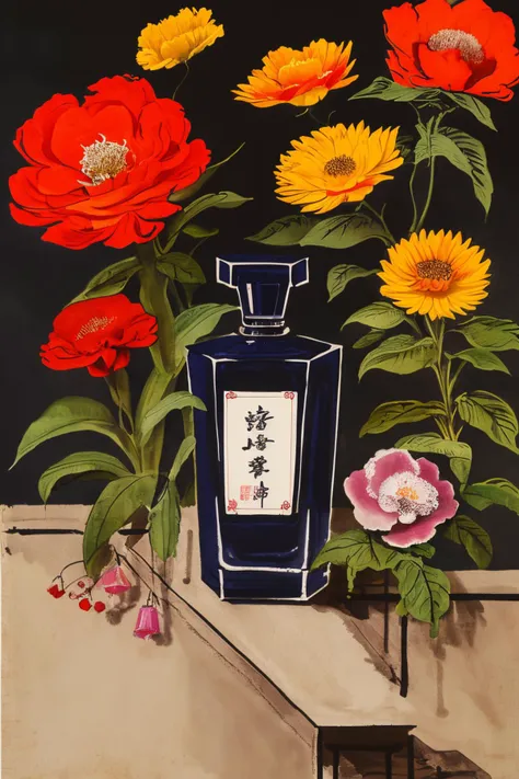 masterpiece,best quality,<lora:tbh170-:0.9>,illustration,style of Qi_Baishi, A bottle of perfume in garden