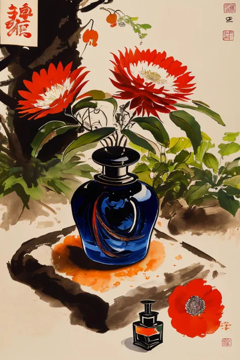 masterpiece,best quality,<lora:tbh170-:0.9>,illustration,style of Qi_Baishi, A bottle of perfume in garden