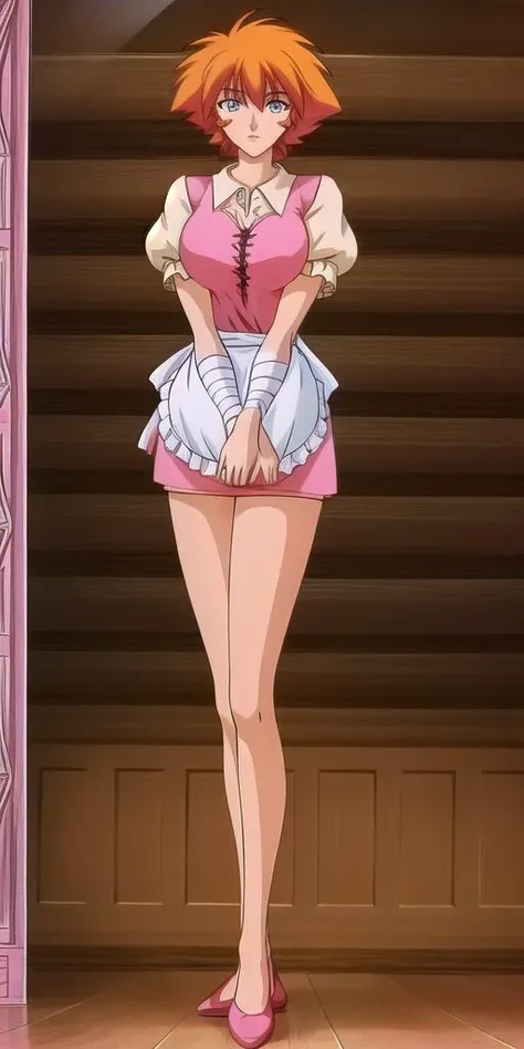 <lora:Elle_RaguV2:0.7> elle_ragu, huge_breasts, Pink_waitress_dress_puffy_short_sleeves_White_apron_Bandaged_arm, standing, solo, masterpiece, best quality, detailed face, detailed eyes, highres,