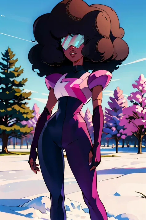 Garnet, dark skin, large retro sunglasses, afro, curly hair, chest plate, pink star, elbow gloves, black and pink bodysuit, large shoulder pads, looking at viewer, serious, medium shot, standing, outside, field, snow, trees, winter, blue sky, high quality, masterpiece, <lora:GarnetShades:.8>