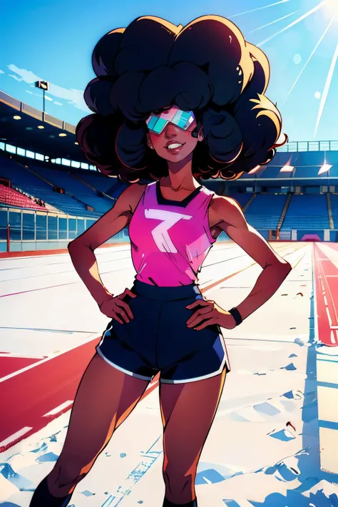 Garnet, dark skin, large retro sunglasses, afro, curly hair,pink tank top, black yoga shorts, looking at viewer, smiling, standing, hands on hips, outside, track and field, snow, winter, blue sky, high quality, masterpiece, <lora:GarnetShades:.8>