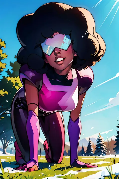 Garnet, dark skin, large retro sunglasses, afro, curly hair,chest plate, pink star on chest, elbow gloves, black and pink bodysuit, large shoulder padslooking at viewer, seductive smile, on all fours, outside, grass, snow, trees, blue sky, from_below, high quality, masterpiece, <lora:GarnetShades:.8>