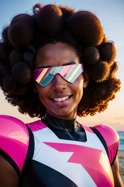 Garnet, dark skin, large retro sunglasses, afro, curly hair, chest plate, pink star on chest, black and pink bodysuit, large shoulder pads, looking at viewer, smiling, close up, outside, beach, dusk, high quality, masterpiece, <lora:GarnetShades:.8>