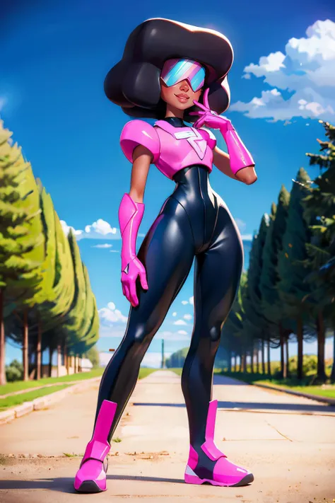 Garnet, dark skin, large retro sunglasses, afro, curly hair, chest plate, pink star on chest, elbow gloves, black and pink bodysuit, large shoulder pads, footwear, looking at viewer, smiling, full body shot, standing, outside, park, trees, grass, winter, blue sky, high quality, masterpiece, <lora:GarnetShades:.8>