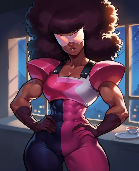 1woman, cleavage, in a spaceship, hands holding own hips, seductive smirk, big breasts, wide hips, big ass, seductive smirk, Garnet,black afro,navel,standing,upper body,retro shades, curvy,smile,standing, toned, big lips