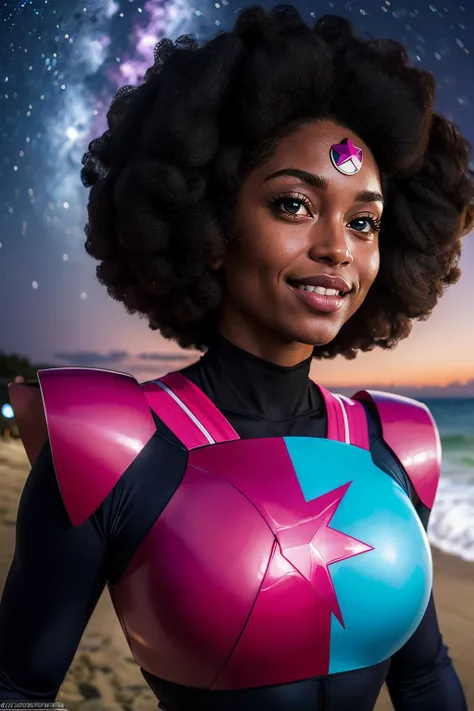 4K, Masterpiece, highres, absurdres, smiling,beautiful Foxy70, a woman in a shiny sparkling disco dress and red headband ,wearing Foxy70, afro black hair <lora:Foxy70:0.65>