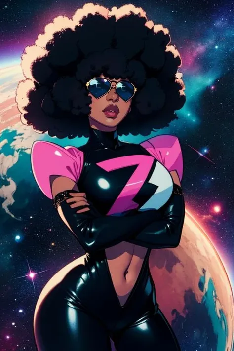 Garnet, black square afro, lips, large sunglasses, navel , standing, close up, crossed arms, 
 GaSut, cropped chest plate with star, black and pink  bodysuit, elbow gloves, 
outer space, stars, dark corners, 
 (insanely detailed, beautiful detailed face, masterpiece,  best quality)  <lora:Garnet-10v3:0.8>