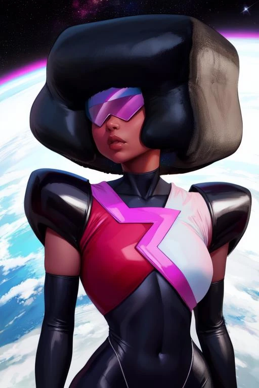 Garnet, blocky hair, afro,  navel , standing, upper body, retro shades, serious,  
chest plate , black and pink bodysuit, large gloves, outer space, stars,
 (insanely detailed, beautiful detailed face, masterpiece, best quality) 
 <lora:Garnet-10v6:0.8>