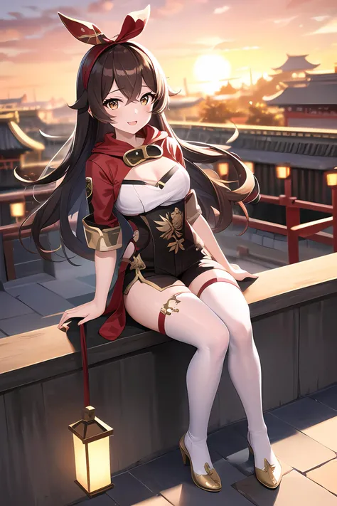 hdr, small breasts, slim figure, full body, <lora:amber1-000008:1>, amber5star, sitting on the railing, hands are on the railing, old houses of china, light from lanterns, pink sunset