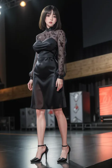 8k,highres,absurdres,masterpiece,best quality,original,extremely detailed CG,extremely detailed wallpaper,perfect lighting,<lyco:GoodHands-beta2:1>,
1girl,solo,blurry_background,looking_at_viewer,standing on the stage,
<lora:KaburaHonda:0.6>,KaburaHonda,medium hair,large breasts,black hair,long sleeves,black eyes,black dress,see-through,