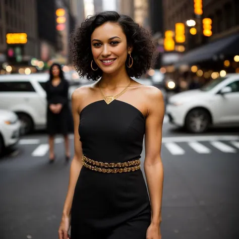 zclose-up of a single 22 years girl, (skinny:0.8), smiling, (looking to the left:1.3), black short hair with large curls, cheeks,  dressed in a middle long black dress, glamorous golden necklace, standing in front of New York street,   highly detailed, moody, epic, gorgeous, film, dynamic lighting