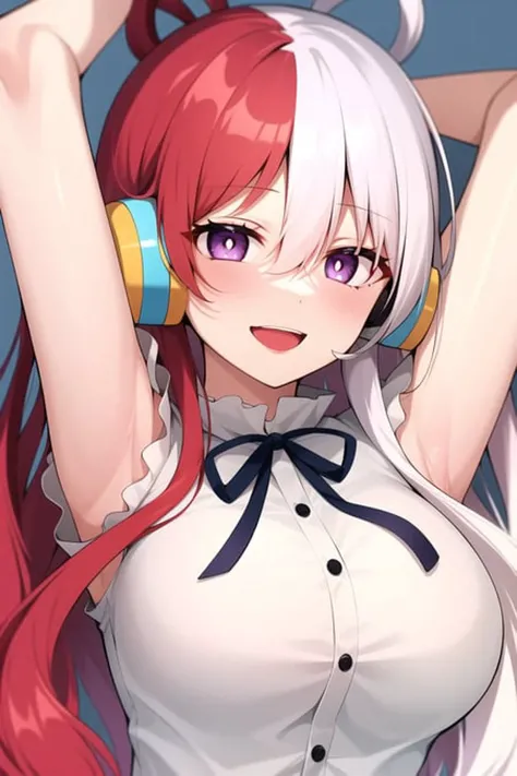 uta \(one piece\),
1girl, :d, arms up, bangs, blue ribbon, diamond-shaped pupils, diamond (shape), hair between eyes, headphones, long hair, multicolored hair, open mouth, purple eyes, red hair, ribbon, shirt, signature, sleeveless, sleeveless shirt, smile, solo, split-color hair, symbol-shaped pupils, upper body, white hair, white shirt
<lora:uta:0.6>