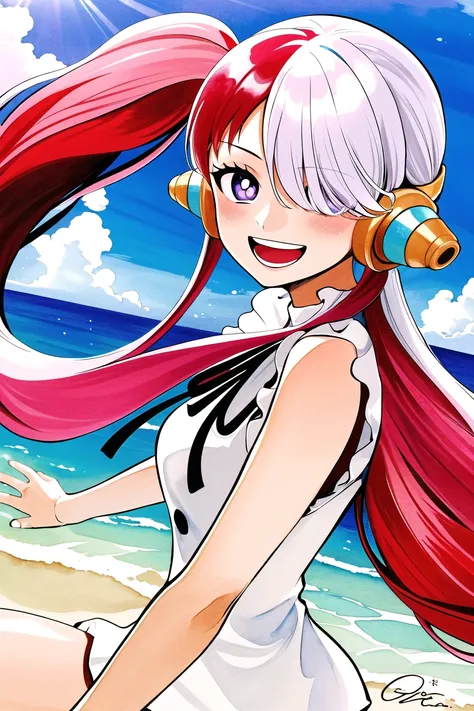 uta \(one piece\), oda eiichirou,
1girl, :d, bangs, blue ribbon, diamond-shaped pupils, diamond \(shape\), hair between eyes, headphones, long hair, multicolored hair, open mouth, purple eyes, red hair, ribbon, shirt, signature, sleeveless, sleeveless shirt, smile, solo, ((split-color hair)), symbol-shaped pupils, white hair, white shirt, sea, one eye covered, watercolor,
<lora:uta:0.65> <lora:oda_eiichirou:0.5>