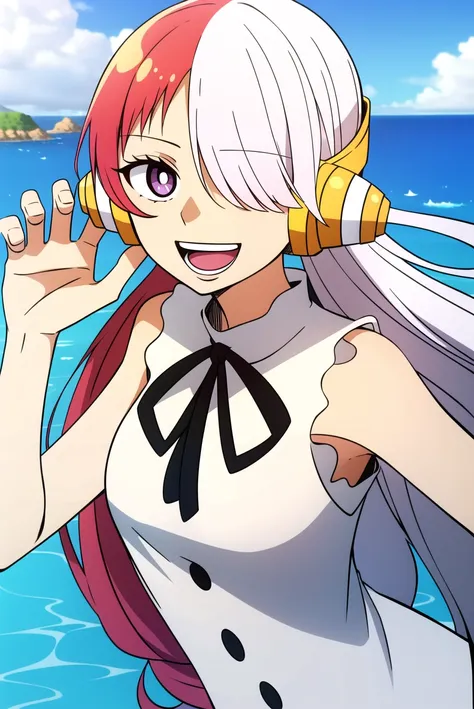 uta \(one piece\), wanostyle,
1girl, :d, bangs, blue ribbon, diamond-shaped pupils, diamond \(shape\), hair between eyes, headphones, long hair, multicolored hair, open mouth, purple eyes, red hair, ribbon, shirt, signature, sleeveless, sleeveless shirt, smile, solo, (split-color hair), symbol-shaped pupils, white hair, white shirt, sea, one eye covered,
<lora:uta:0.6> <lora:wanostyle_2:0.35>
