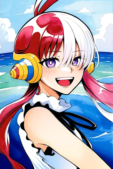 uta \(one piece\), oda eiichirou,
1girl, :d, bangs, blue ribbon, diamond-shaped pupils, diamond \(shape\), hair between eyes, headphones, long hair, multicolored hair, open mouth, purple eyes, red hair, ribbon, shirt, signature, sleeveless, sleeveless shirt, smile, solo, ((split-color hair)), symbol-shaped pupils, white hair, white shirt, sea, one eye covered, watercolor,
<lora:uta:0.65> <lora:oda_eiichirou:0.5>