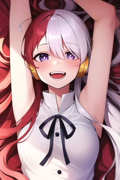 uta \(one piece\),
1girl, :d, arms up, bangs, blue ribbon, diamond-shaped pupils, diamond (shape), hair between eyes, headphones, long hair, multicolored hair, open mouth, purple eyes, red hair, ribbon, shirt, signature, sleeveless, sleeveless shirt, smile, solo, split-color hair, symbol-shaped pupils, upper body, white hair, white shirt
<lora:uta:0.6>