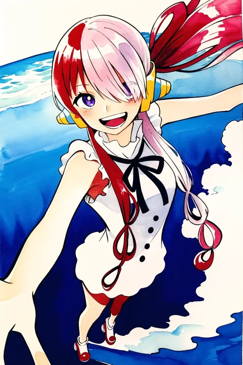 uta \(one piece\), oda eiichirou,
1girl, :d, bangs, blue ribbon, diamond-shaped pupils, diamond \(shape\), hair between eyes, headphones, long hair, multicolored hair, open mouth, purple eyes, red hair, ribbon, shirt, signature, sleeveless, sleeveless shirt, smile, solo, ((split-color hair)), symbol-shaped pupils, white hair, white shirt, sea, one eye covered, watercolor,
<lora:uta:0.65> <lora:oda_eiichirou:0.5>