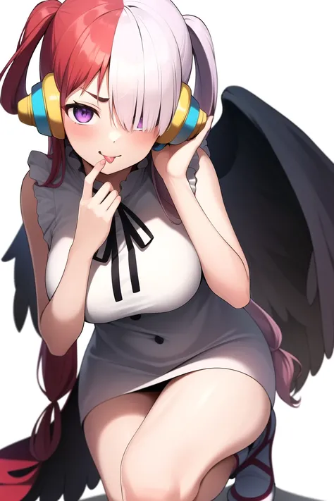 uta \(one piece\),
1girl, :p, bare arms, bare legs, black ribbon, breasts, dress, hair over one eye, hand on hip, hand up, headphones, large breasts, looking at viewer, low twintails, multicolored hair, neck ribbon, purple eyes, red hair, ribbon, shoes, short dress, signature, simple background, sleeveless, sleeveless dress, solo, split-color hair, squatting, thighs, tiptoes, tongue, tongue out, twintails, two-tone hair, two side up, v-shaped eyebrows, w, white background, white dress, white hair
<lora:uta:0.6>