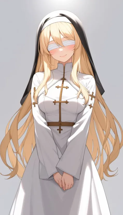 {{{artist:chyoel,artist:onineko}}},1girl,solo,cute,{mature},smile,blush,blonde hair,long hair,bandage over eyes,nun clothes,holy,white background,a bright light,, best quality, amazing quality, very aesthetic, absurdres
