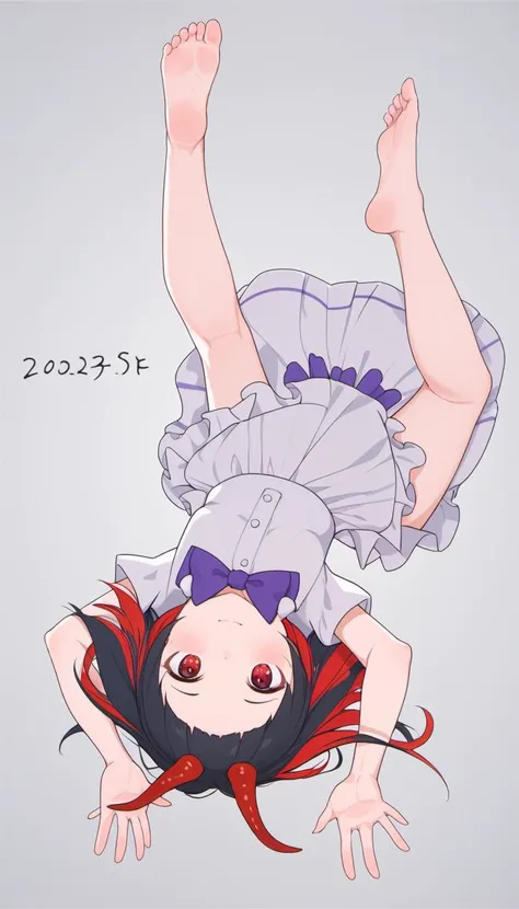 kijin seija,ayanepuna,lk149,kanabun,[[healthyman]],mikozin,,year_2023,dynamic angle, 1girl, barefoot, solo, black hair, red eyes, feet, soles, toes, white background, dress, simple background, bow, multicolored hair, red hair, horns, streaked hair, looking at viewer, short sleeves, smile, purple bow, foot focus, short hair, white dress, purple bowtie, upside-down, bowtie, ass, small horns, foreshortening, best quality, amazing quality, very aesthetic, absurdres
