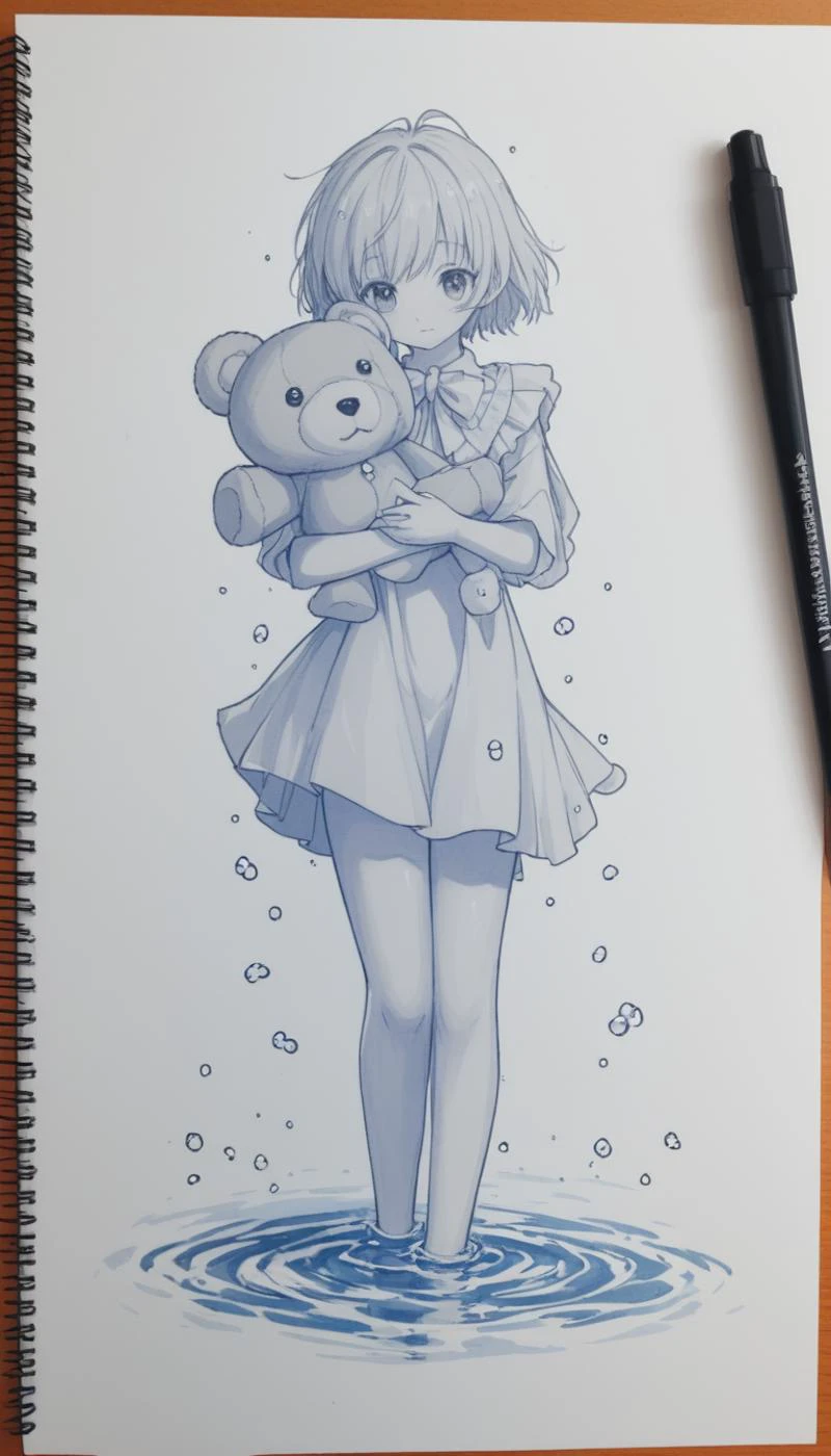 q_azieru,{{healthyman}}, [[[camonome]]], gogalking, mx2j,tantanmen,hxxg,misekai_555,year_2023,1girl, traditional media, graphite_(medium), monochrome, sketch,holding_stuffed_toy, simple background, {{{{{color trace)}}}}}, on water, teddy_bear, shadow, water drop, backlighting, hair_ribbon, {{{skinny}}}, , best quality, amazing quality, very aesthetic, absurdres