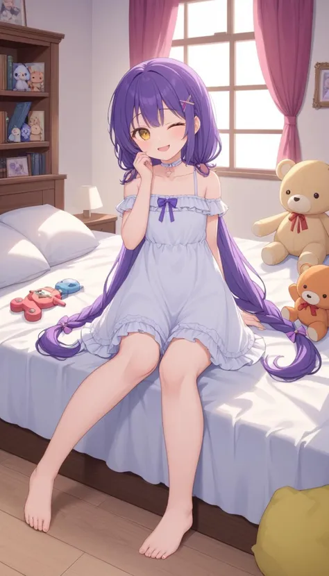 anime art style,masterpiece,best quality,Film grain,
 1girl, virtual youtuber, one eye closed, solo, long hair, barefoot, hair ornament, indoors, dress, stuffed toy, purple hair, sitting, rubbing eyes, window, ahoge, stuffed animal, white dress, looking at viewer, pillow, yokozuwari, very long hair, x hair ornament, hairclip, curtains, ribbon, on bed, collarbone, choker, smile, bare shoulders, frills, frilled dress, bed, twintails, hair ribbon, open mouth, bookshelf, bare legs, holding, hand up, full body, yellow eyes, braid