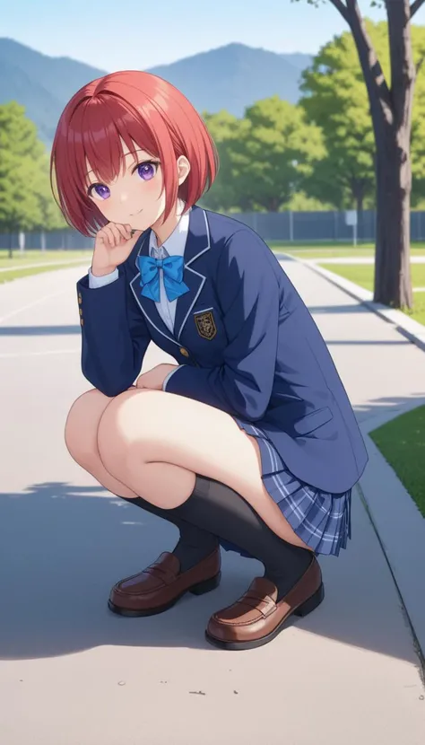 anime art style,masterpiece,best quality,Film grain,
nishikino maki, 1girl, solo, looking at viewer, short hair, skirt, long sleeves, holding, bow, jacket, school uniform, purple eyes, flower, outdoors, red hair, pleated skirt, shoes, socks, day, bowtie, blue skirt, tree, blue bow, squatting, blue jacket, black socks, grass, blazer, scenery, motor vehicle, blue bowtie, winter uniform, otonokizaka school uniform, photo background, real world location