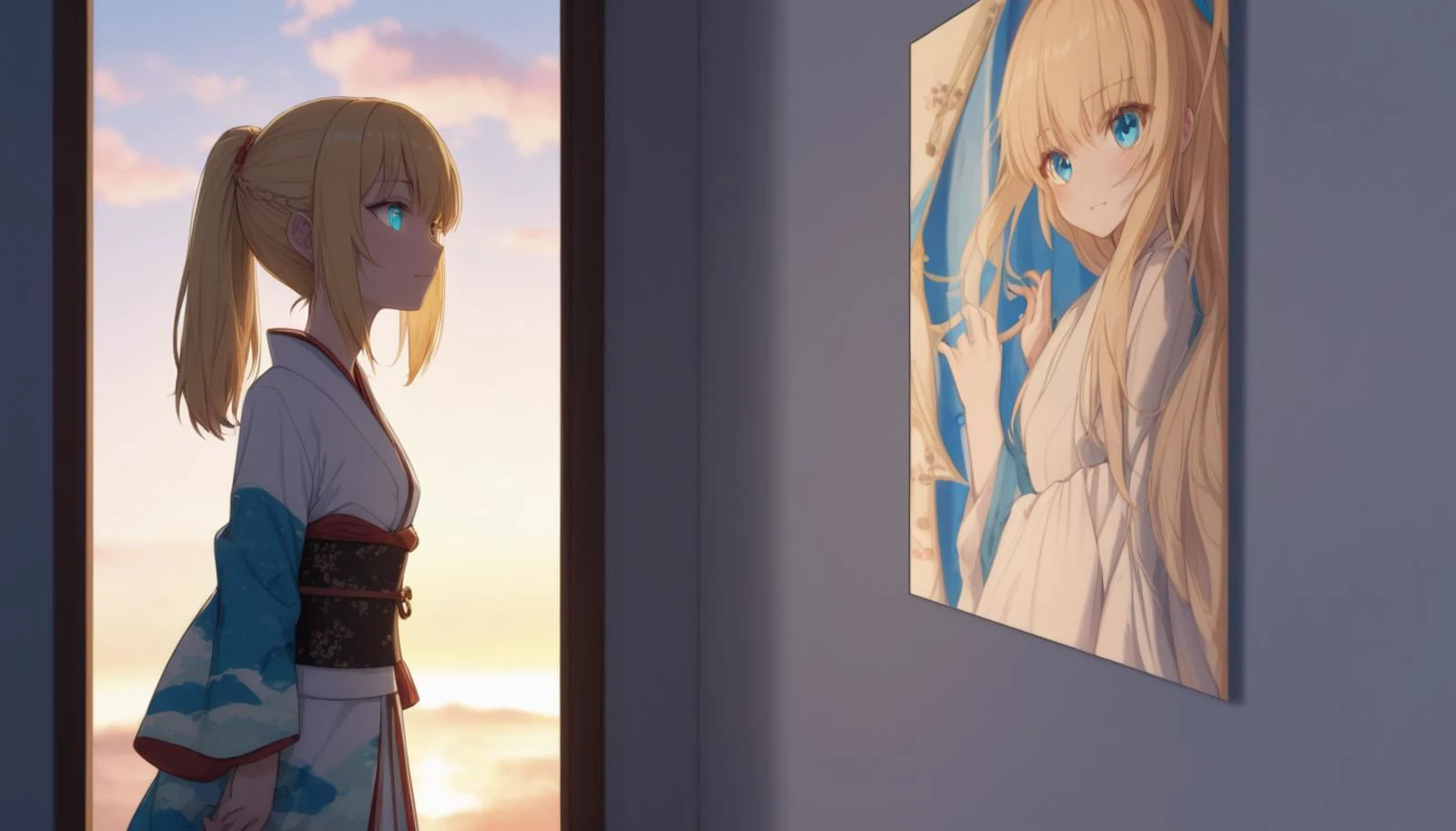 Milinda Brantini (Heavy Object), blonde hair, solo, sho_(sho_lwlw), {Rella}, [[modare]], small breasts, close-up, anime theme, stockings, Cyan eyes, stands against the wall, back to the wall, Heavy Object, hands behind back, kimono, glowing eyes, embarrassed, convenient censoring, linea alba, outdoors, cloud, glowing, backlighting, depth of field, cinematic angle, best quality, amazing quality, very aesthetic, absurdres, best quality, amazing quality, very aesthetic, absurdres