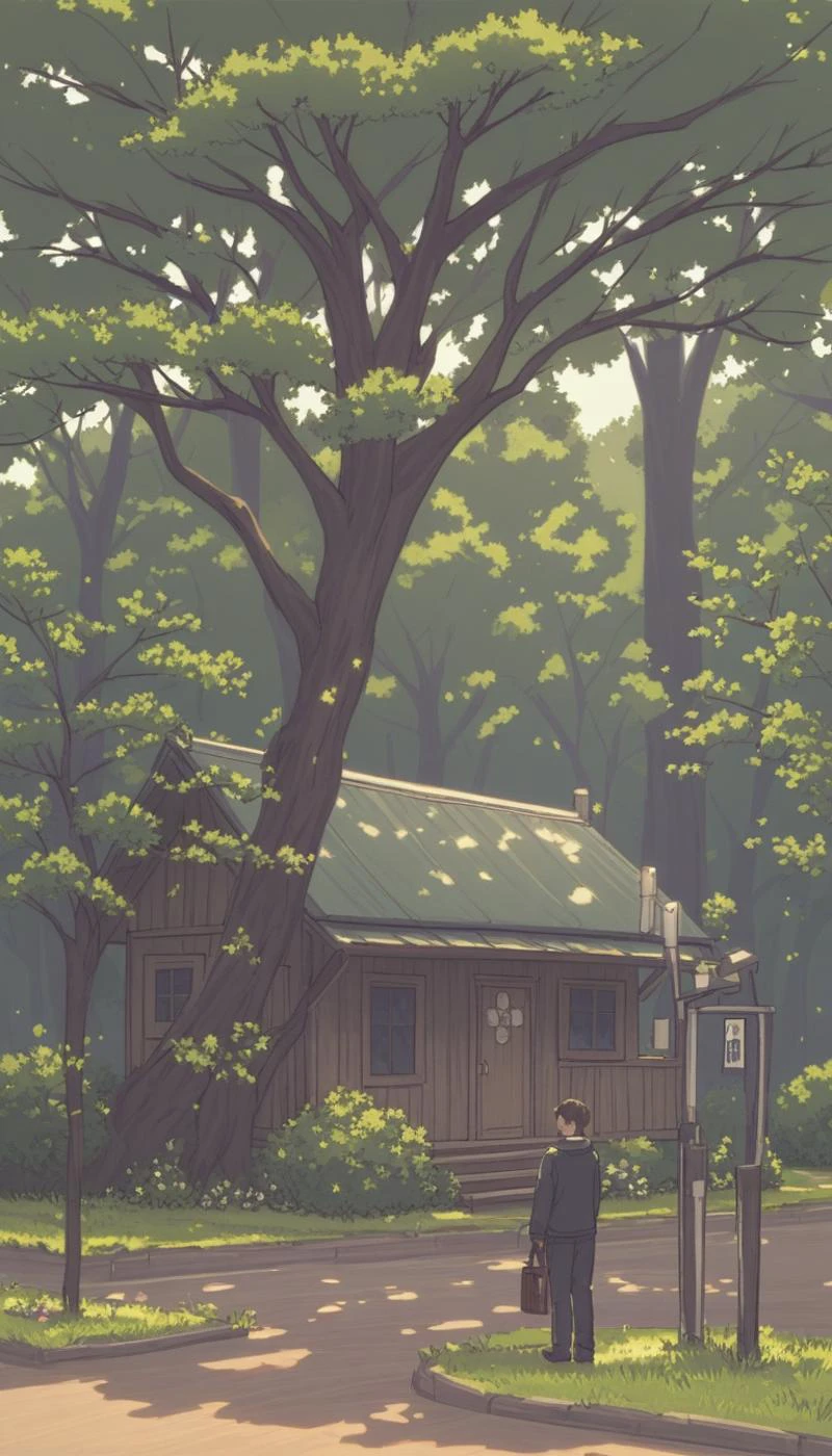 house, tree, 1boy