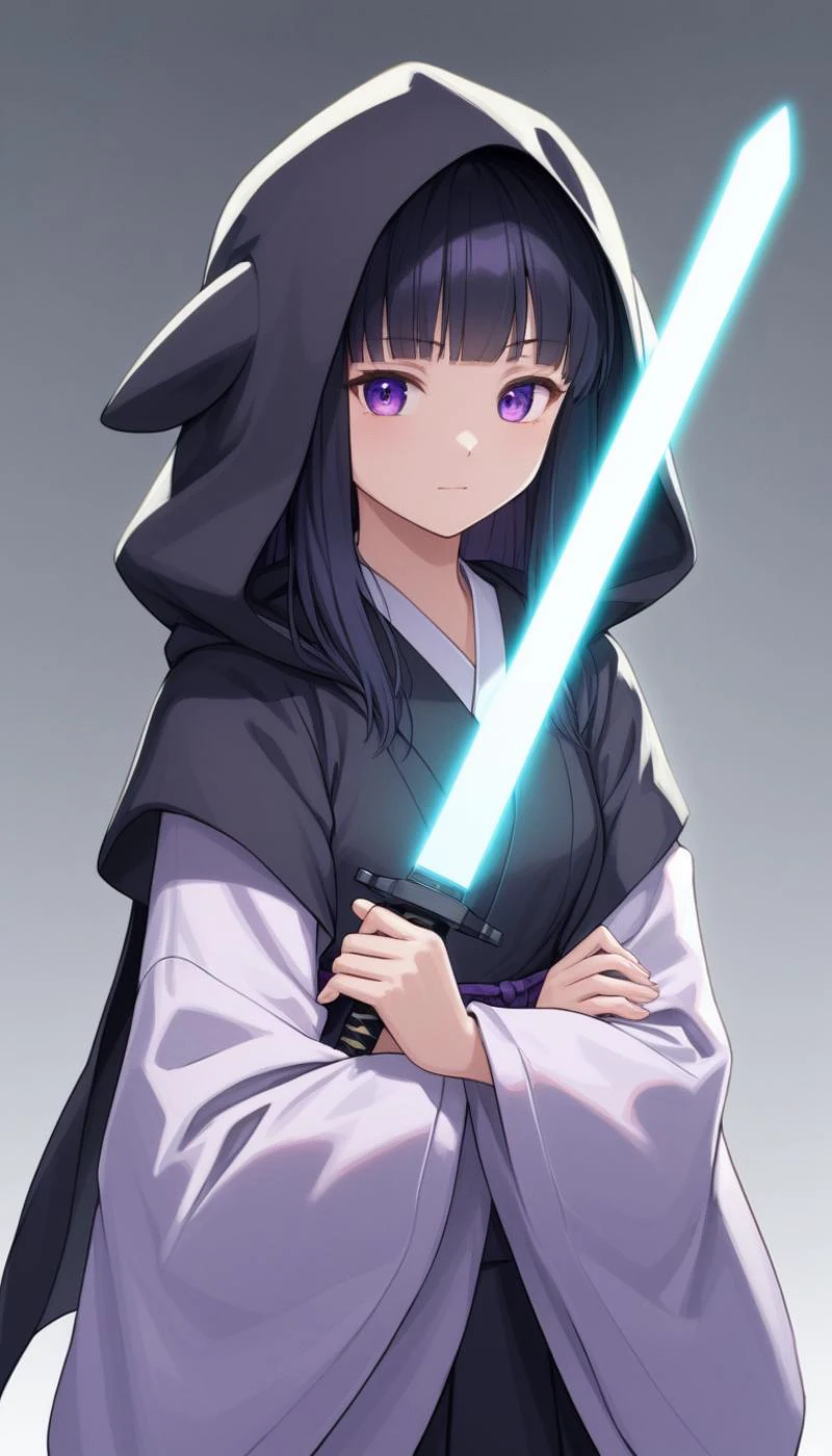 yamasan,gweda,mamyouda,fuumi (radial engine),[minillustration],{onineko},,year_2023 , lightsaber, energy sword, 1girl, solo, weapon, sword, black hair, hood, hood up, long hair, simple background, purple eyes, holding, closed mouth, japanese clothes, looking at viewer, robe, kimono, long sleeves, cloak, upper body, holding weapon, holding sword, best quality, amazing quality, very aesthetic, absurdres