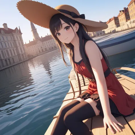 [artist:kuzuvine],au_(d_elete),artist:wanke, {bm_tol},year_2023,black hair, sitting, thighhighs, hat, outdoors, watercraft, 1girl,solo, boat,looking at viewer, water, ribbon, day, building,photo background, {{{close-up}}}, backlighting, dutch angle, , best quality, amazing quality, very aesthetic, absurdres