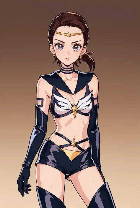 (masterpiece, best quality), 1girl,  <lora:SailorStarMaker:0.8> SailorStarMaker, long hair, ponytail, forehead, SailorStarMaker, long hair, ponytail, forehead, earrings, magical girl, circlet, choker, elbow gloves, black sailor collar, bikini armor, belt, thigh boots
