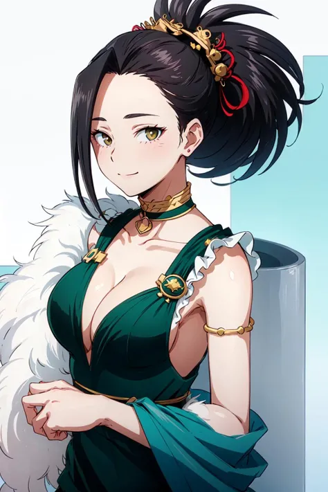 (((masterpiece))), YaoyoruzuMomo, 1girl, solo, looking at viewer, blush, smile, large breasts, simple background, black hair, white background, dress, cleavage, bare shoulders, medium breasts, closed mouth, collarbone, upper body, ponytail, sleeveless, choker, black eyes, green dress, hair pulled back, yellow choker<lora:YaoyoruzuMomo-10:0.75>