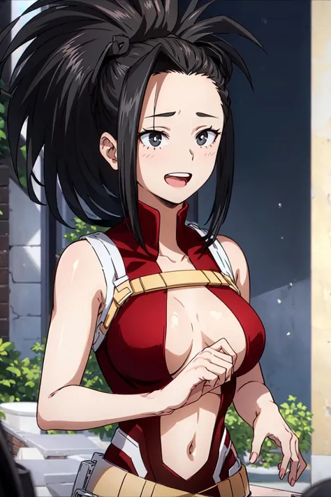 <lyco:GoodHands-beta2:1.0>, nice hands, (((masterpiece))), YaoyoruzuMomo, nice hands, 1girl, solo, blush, smile, long hair, looking at viewer, open mouth, large breasts, black hair, navel, bare shoulders, medium breasts, upper body, ponytail, parted lips, belt, indoors, blurry, black eyes, leotard, breasts apart, center opening, red leotard, hair pulled back, wide ponytail, cracked wall <lora:YaoyoruzuMomo-10:0.75>
