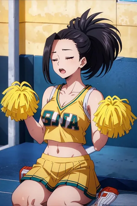 (((masterpiece))), YaoyoruzuMomo, 1girl, solo, open mouth, skirt, large breasts, black hair, bare shoulders, sitting, collarbone, closed eyes, ponytail, sleeveless, midriff, crop top, cheerleader, pom pom (cheerleading), orange skirt, hair pulled back, <lora:YaoyoruzuMomo-10:0.75>