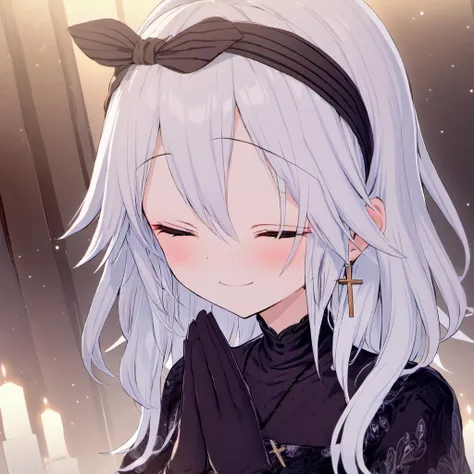rating: general,<lora:Yasu_Yasui_from_LiL:1>, yasu, 1girl, solo, gloves, closed eyes, blush, smile, black gloves, cross, jewelry, ribbon, hair ribbon, dress, upper body, hairband, black dress, bow, hair bow, hair between eyes, necklace, praying, prayer hands, masterpiece, best quality