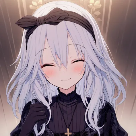 rating: general,<lora:Yasu_Yasui_from_LiL:1>, yasu, 1girl, solo, gloves, closed eyes, blush, smile, black gloves, cross, jewelry, ribbon, hair ribbon, dress, upper body, hairband, black dress, bow, hair bow, hair between eyes, necklace, masterpiece, best quality