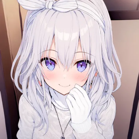 rating: general,<lora:Yasu_Yasui_from_LiL:1>, yasu, 1girl, solo, smile, gloves, blush, necklace, looking at viewer, jewelry, sweater, white gloves, masterpiece, best quality