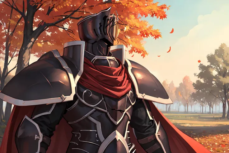 <lora:BlackKnight:.9>, BlackKnight_fe, 1man, solo, focus, Armor, Cape, Helmet, from the side, upper body, profile, autumn, trees, outdoors, yellow leaves, medieval, <lora:UnlimitedBladeWorksv0.4>, one handed sword, sword